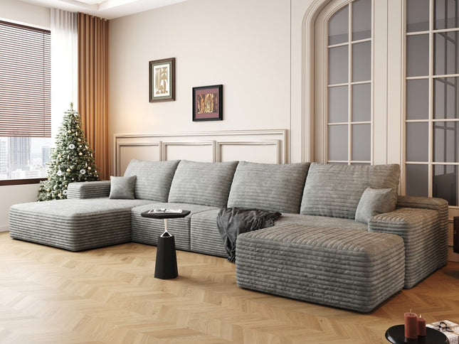 135" Gray Corduroy Modular Compression Foam Sofa With Ottoman And Toss Pillows