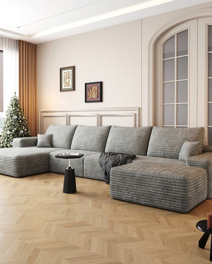 135" Gray Corduroy Modular Compression Foam Sofa With Ottoman And Toss Pillows