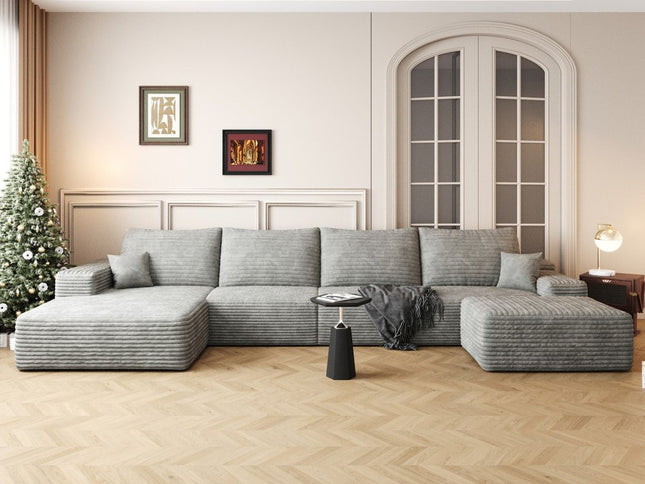 135" Gray Corduroy Modular Compression Foam Sofa With Ottoman And Toss Pillows