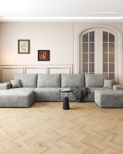 135" Gray Corduroy Modular Compression Foam Sofa With Ottoman And Toss Pillows