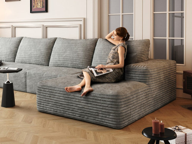 135" Gray Corduroy Modular Compression Foam Sofa With Ottoman And Toss Pillows