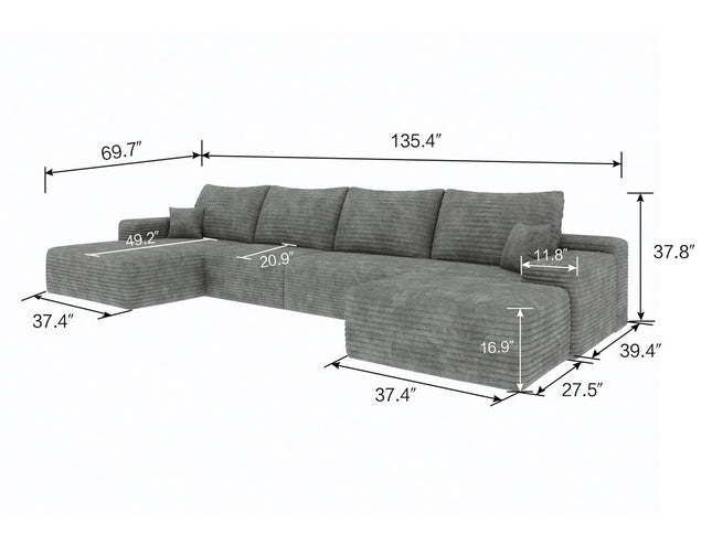 135" Gray Corduroy Modular Compression Foam Sofa With Ottoman And Toss Pillows