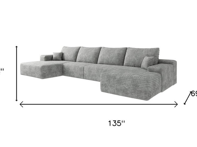 135" Gray Corduroy Modular Compression Foam Sofa With Ottoman And Toss Pillows
