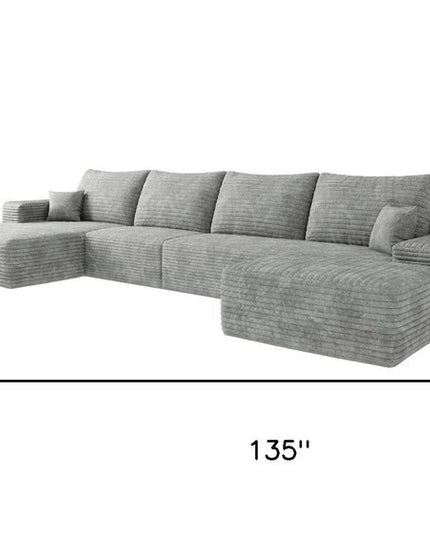 135" Gray Corduroy Modular Compression Foam Sofa With Ottoman And Toss Pillows