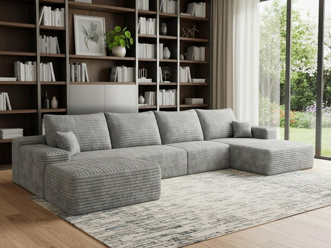135" Gray Corduroy Modular Compression Foam Sofa With Ottoman And Toss Pillows