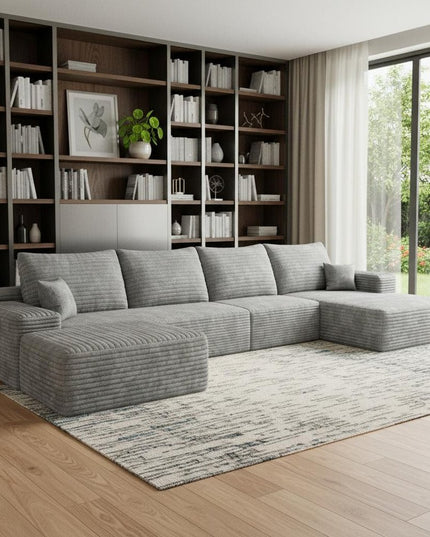 135" Gray Corduroy Modular Compression Foam Sofa With Ottoman And Toss Pillows