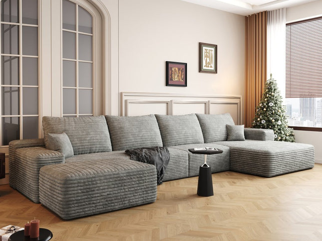 135" Gray Corduroy Modular Compression Foam Sofa With Ottoman And Toss Pillows