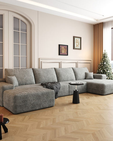 135" Gray Corduroy Modular Compression Foam Sofa With Ottoman And Toss Pillows