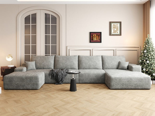 135" Gray Corduroy Modular Compression Foam Sofa With Ottoman And Toss Pillows