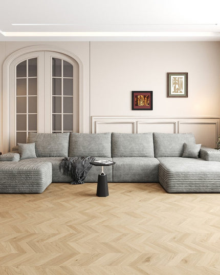 135" Gray Corduroy Modular Compression Foam Sofa With Ottoman And Toss Pillows