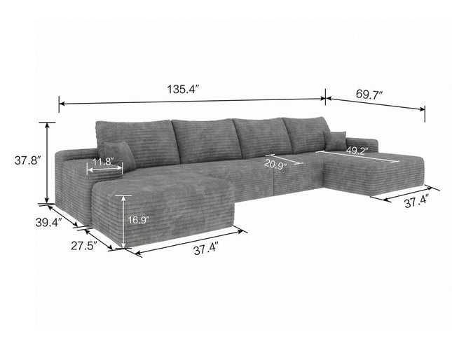 135" Gray Corduroy Modular Compression Foam Sofa With Ottoman And Toss Pillows