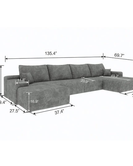 135" Gray Corduroy Modular Compression Foam Sofa With Ottoman And Toss Pillows