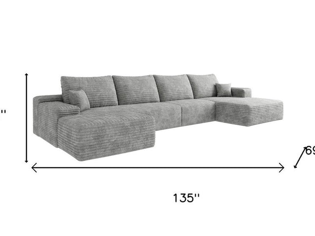 135" Gray Corduroy Modular Compression Foam Sofa With Ottoman And Toss Pillows