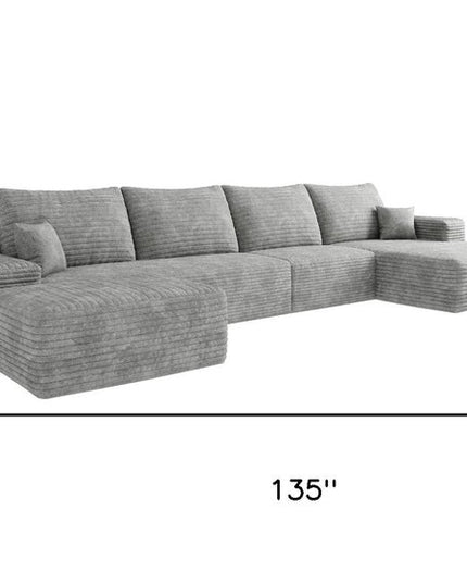 135" Gray Corduroy Modular Compression Foam Sofa With Ottoman And Toss Pillows