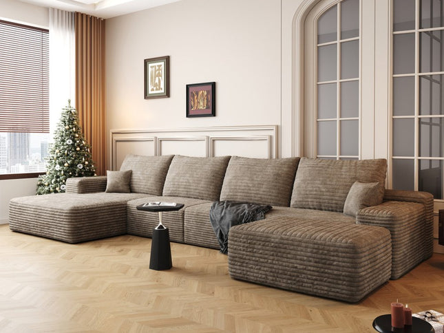 135" Camel Corduroy Modular Compression Foam Sofa With Ottoman And Toss Pillows
