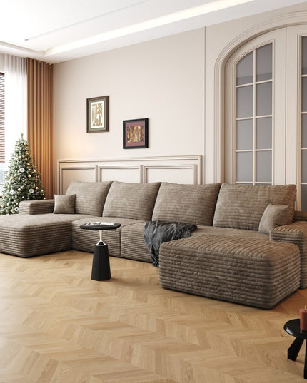 135" Camel Corduroy Modular Compression Foam Sofa With Ottoman And Toss Pillows