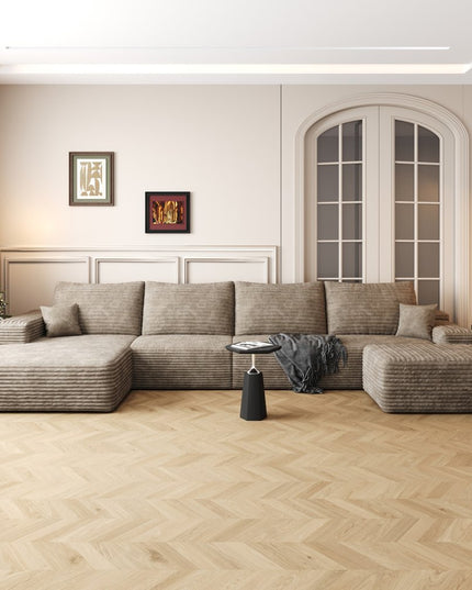 135" Camel Corduroy Modular Compression Foam Sofa With Ottoman And Toss Pillows