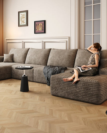 135" Camel Corduroy Modular Compression Foam Sofa With Ottoman And Toss Pillows