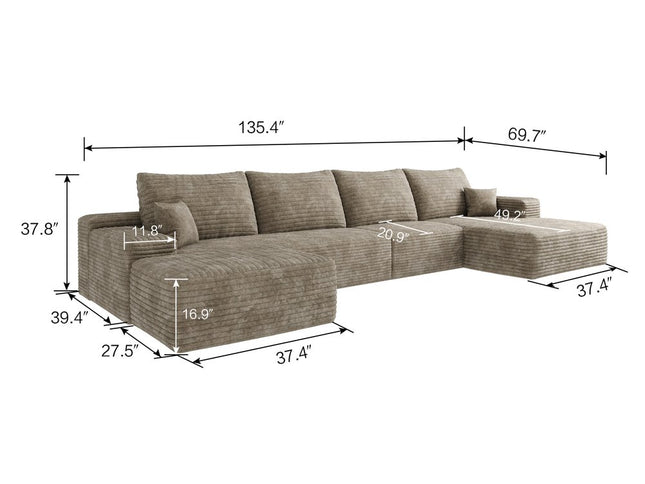 135" Camel Corduroy Modular Compression Foam Sofa With Ottoman And Toss Pillows