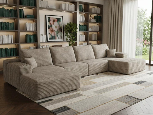 135" Camel Corduroy Modular Compression Foam Sofa With Ottoman And Toss Pillows