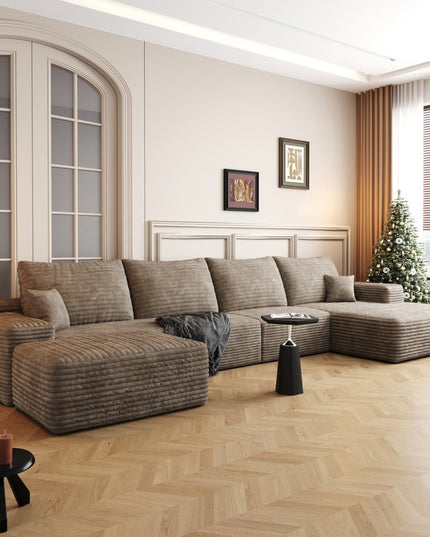 135" Camel Corduroy Modular Compression Foam Sofa With Ottoman And Toss Pillows