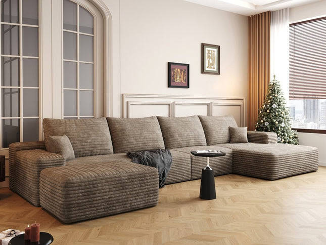 135" Camel Corduroy Modular Compression Foam Sofa With Ottoman And Toss Pillows