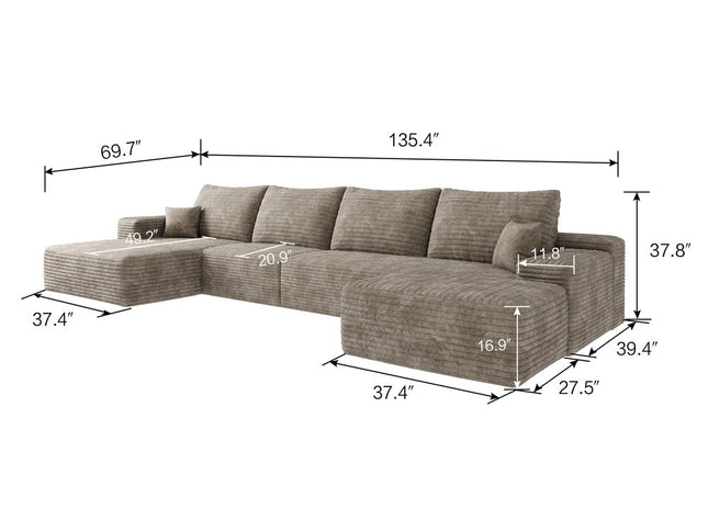 135" Camel Corduroy Modular Compression Foam Sofa With Ottoman And Toss Pillows
