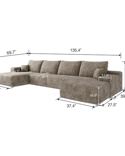 135" Camel Corduroy Modular Compression Foam Sofa With Ottoman And Toss Pillows