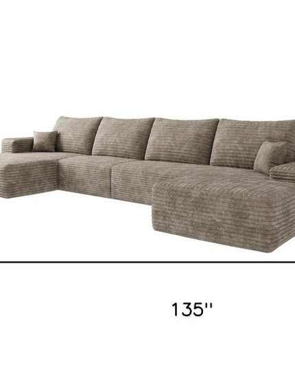 135" Camel Corduroy Modular Compression Foam Sofa With Ottoman And Toss Pillows