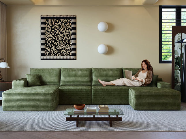 135" Green Corduroy Modular Compression Foam Sofa With Ottoman And Toss Pillows