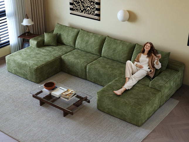 135" Green Corduroy Modular Compression Foam Sofa With Ottoman And Toss Pillows