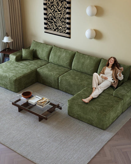 135" Green Corduroy Modular Compression Foam Sofa With Ottoman And Toss Pillows