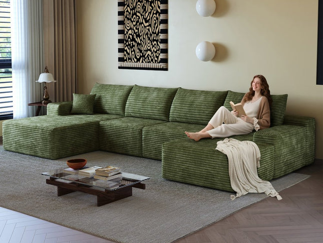135" Green Corduroy Modular Compression Foam Sofa With Ottoman And Toss Pillows
