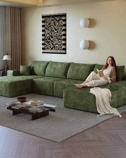 135" Green Corduroy Modular Compression Foam Sofa With Ottoman And Toss Pillows