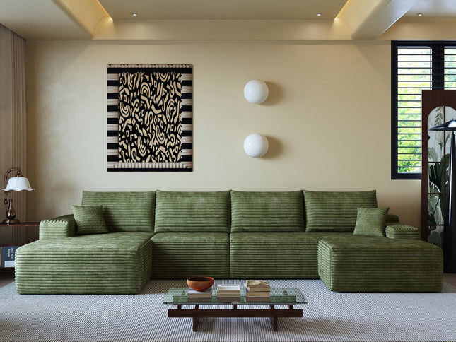 135" Green Corduroy Modular Compression Foam Sofa With Ottoman And Toss Pillows