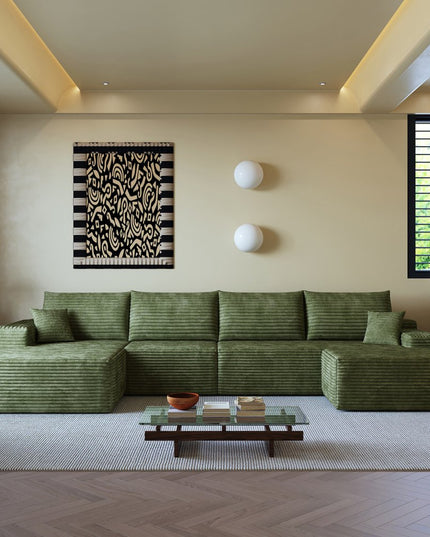 135" Green Corduroy Modular Compression Foam Sofa With Ottoman And Toss Pillows