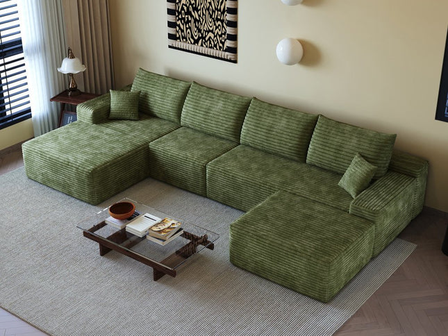 135" Green Corduroy Modular Compression Foam Sofa With Ottoman And Toss Pillows
