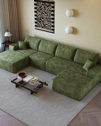 135" Green Corduroy Modular Compression Foam Sofa With Ottoman And Toss Pillows