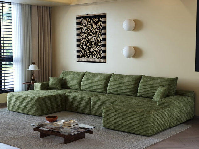 135" Green Corduroy Modular Compression Foam Sofa With Ottoman And Toss Pillows