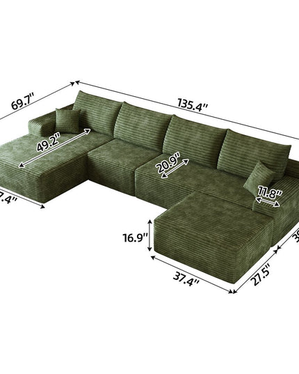135" Green Corduroy Modular Compression Foam Sofa With Ottoman And Toss Pillows