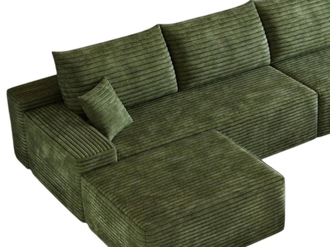 135" Green Corduroy Modular Compression Foam Sofa With Ottoman And Toss Pillows