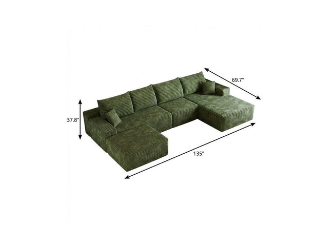 135" Green Corduroy Modular Compression Foam Sofa With Ottoman And Toss Pillows