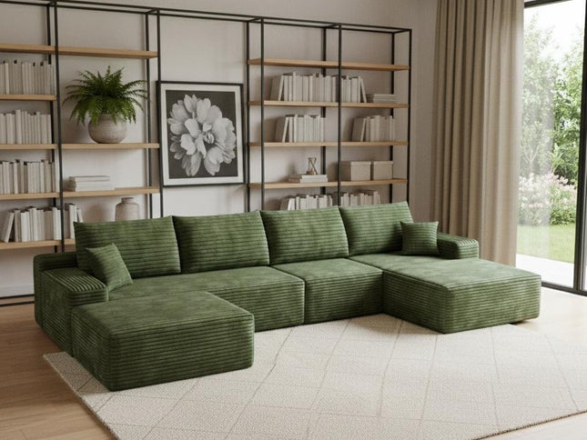 135" Green Corduroy Modular Compression Foam Sofa With Ottoman And Toss Pillows