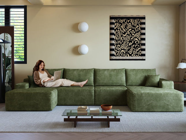 135" Green Corduroy Modular Compression Foam Sofa With Ottoman And Toss Pillows
