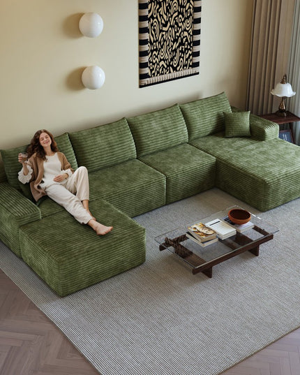 135" Green Corduroy Modular Compression Foam Sofa With Ottoman And Toss Pillows