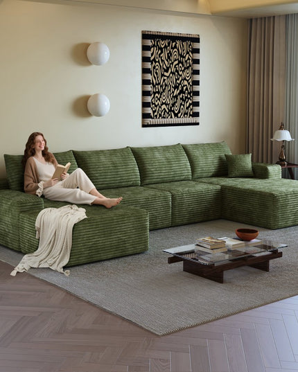 135" Green Corduroy Modular Compression Foam Sofa With Ottoman And Toss Pillows