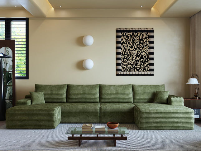 135" Green Corduroy Modular Compression Foam Sofa With Ottoman And Toss Pillows