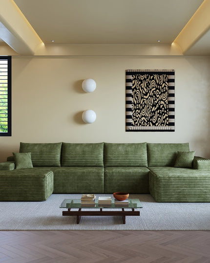 135" Green Corduroy Modular Compression Foam Sofa With Ottoman And Toss Pillows