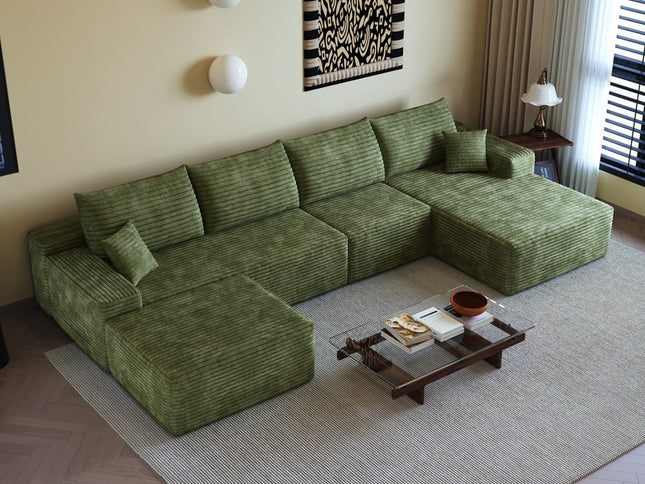 135" Green Corduroy Modular Compression Foam Sofa With Ottoman And Toss Pillows