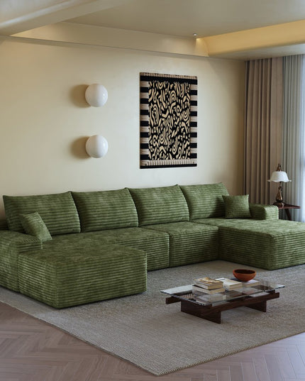 135" Green Corduroy Modular Compression Foam Sofa With Ottoman And Toss Pillows